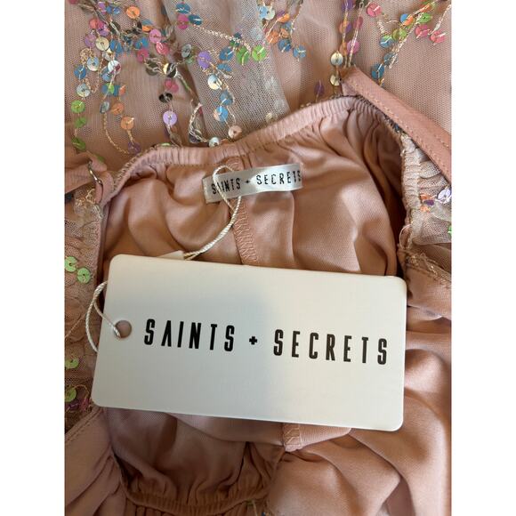 NWT Blush Tulle Dress with Multi-Color Sequin Accents A-line Deep V-neck - Picture 6 of 9